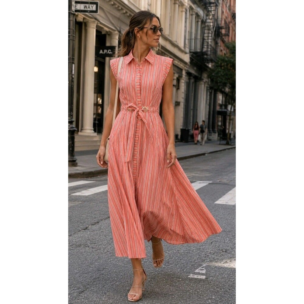 Sam Edelman Striped Belted Maxi Shirt Dress Size 4 Coral Orange NWT $138